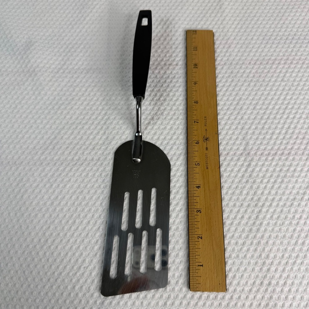 Vintage EKCO Slotted Turner Spatula Chromium Plated Black Handle Made in USA MCM